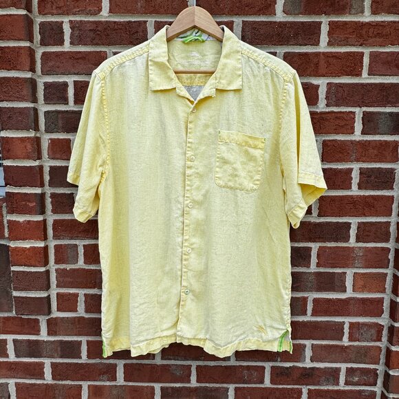 Tommy Bahama Linen Camp Shirt Mens Large Yellow Resortwear Preppy - Picture 1 of 12